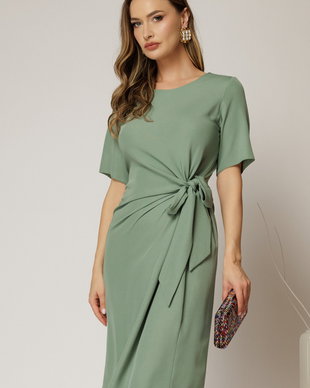 Rochie DY Fashion midi verde cu nod in talie si adaos de viscoza