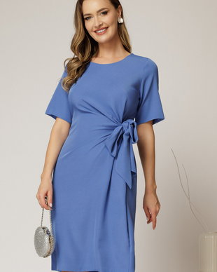 Rochie DY Fashion midi albastra cu nod in talie si adaos de viscoza
