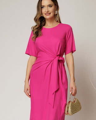 Rochie DY Fashion midi fucsia cu nod in talie si adaos de viscoza