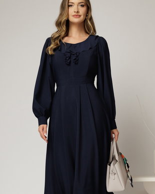 Rochie midi bleumarin din voal plin cu volanase la bust