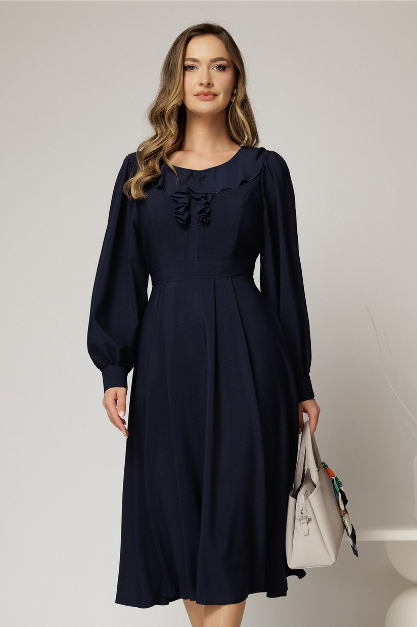 Rochie midi bleumarin din voal plin cu volanase la bust