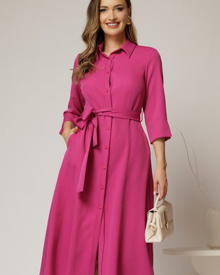 Rochie de zi midi fucsia tip camasa cu cordon in talie