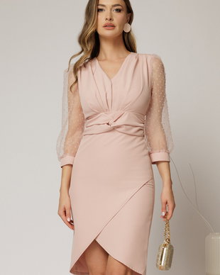 Rochie DY Fashion scurta roz cu talia impletita si maneci bufante
