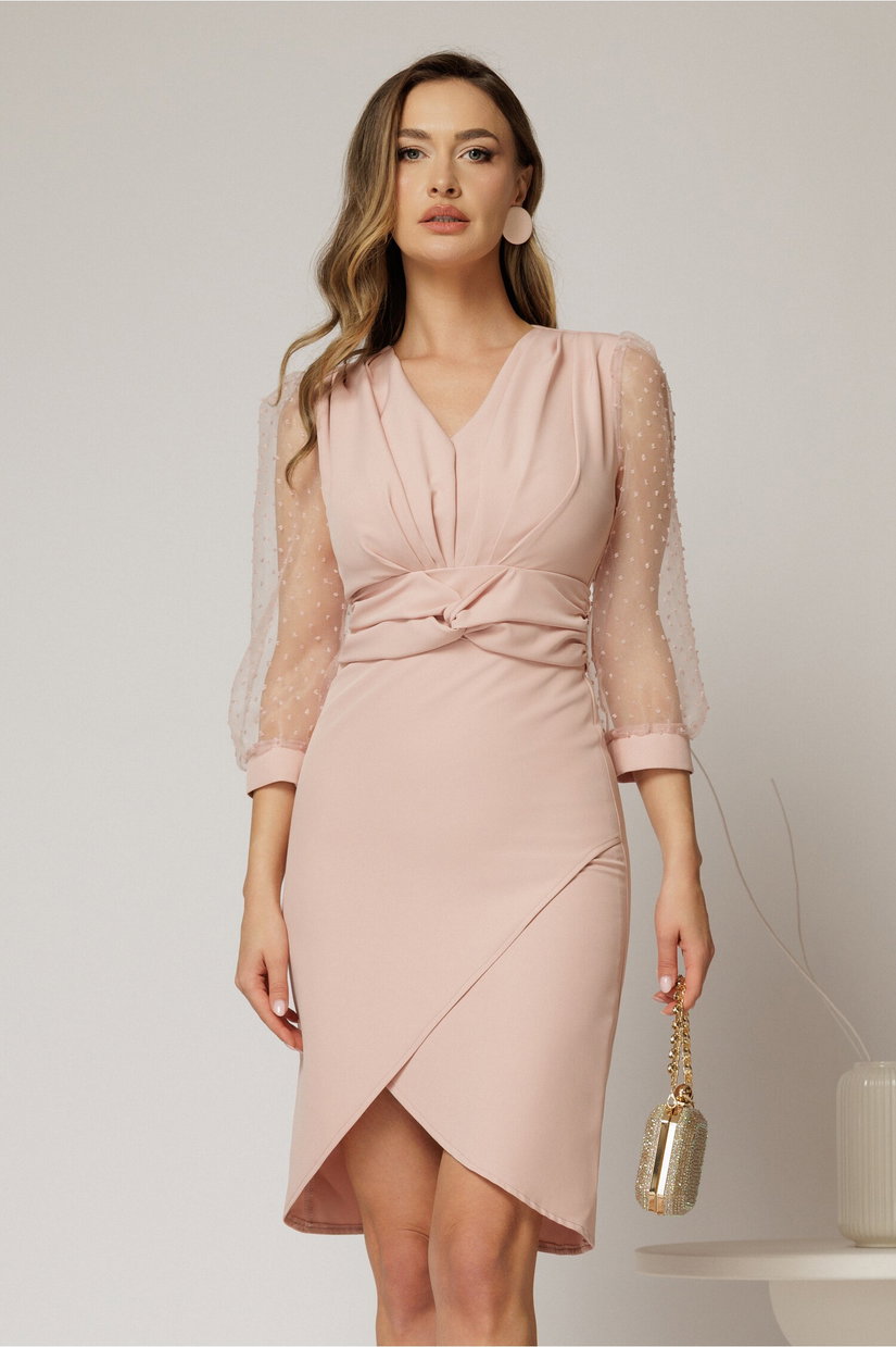 Rochie DY Fashion scurta roz cu talia impletita si maneci bufante
