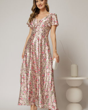 Rochie lunga de ocazie cu imprimeuri roz din material satinat