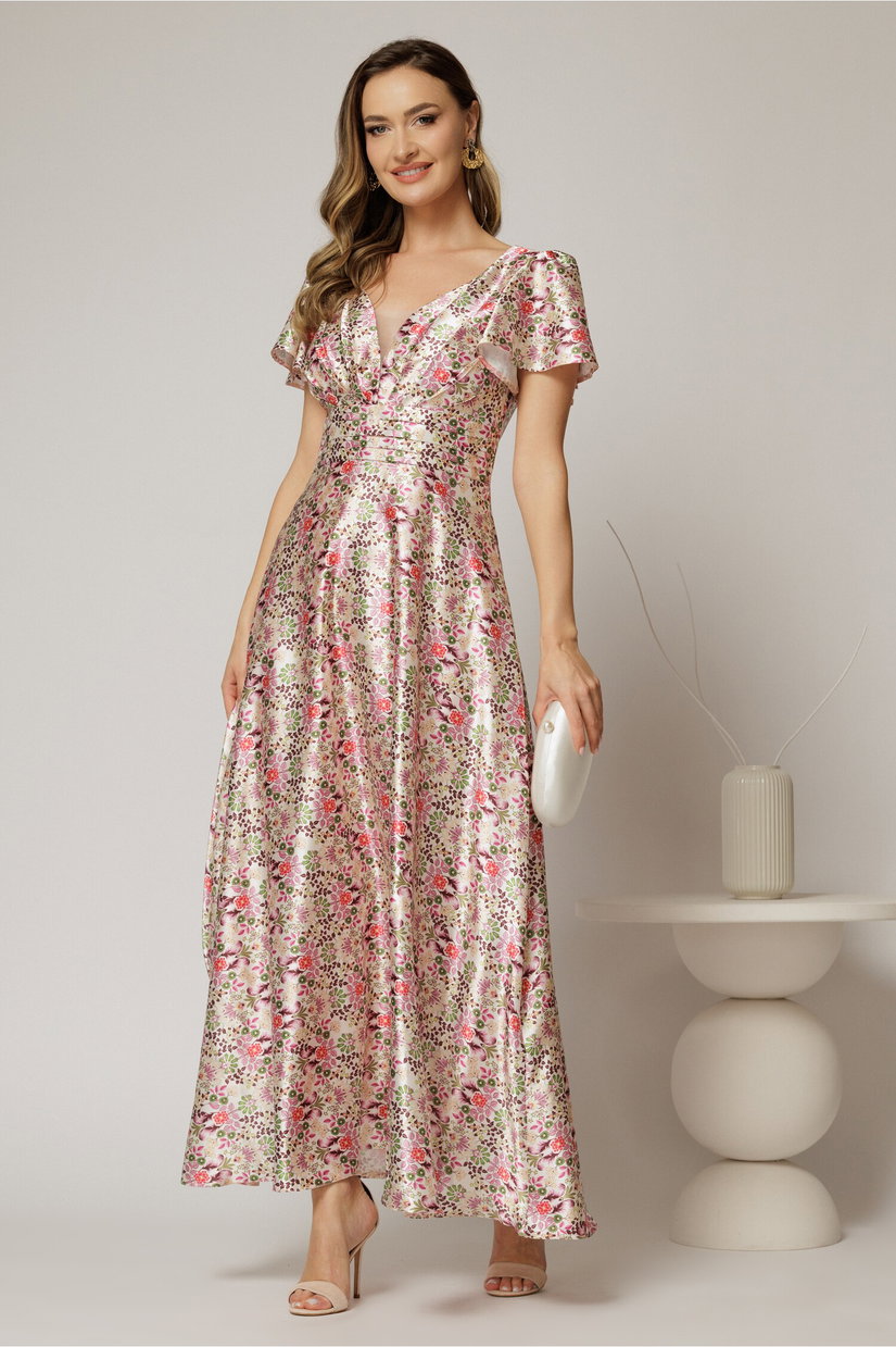 Rochie lunga de ocazie cu imprimeuri roz din material satinat