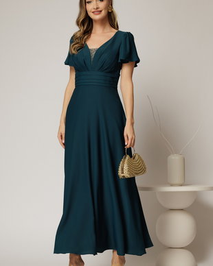 Rochie lunga turcoaz de ocazie cu decolteu adanc si maneci scurte evazate