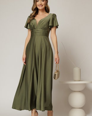 Rochie lunga kaki de ocazie cu decolteu adanc si maneci scurte evazate