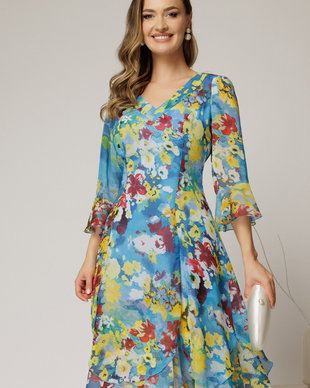 Rochie midi bleu cu imprimeuri din voal cu croi lejer si decolteu in V