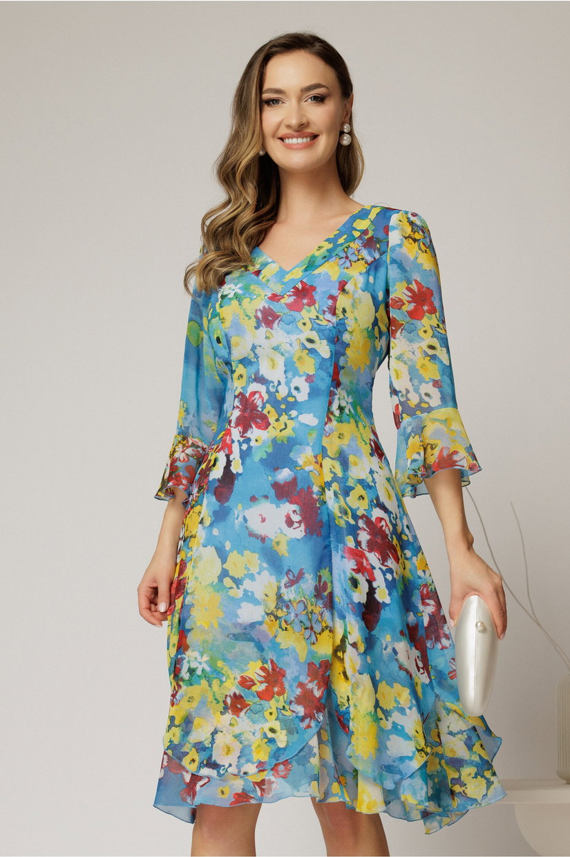 Rochie midi bleu cu imprimeuri din voal cu croi lejer si decolteu in V