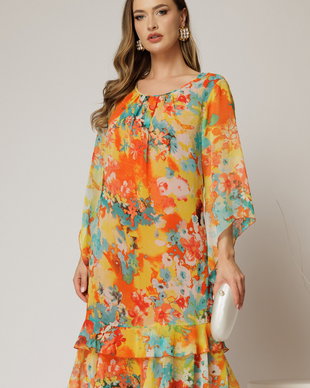 Rochie midi eleganta din voalcu imprimeuri oranj, croi lejer si volanase la baza