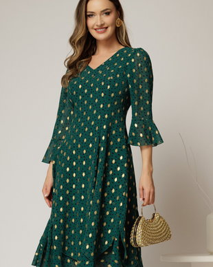 Rochie midi verde cu buline aurii din voal cu croi lejer si decolteu in V