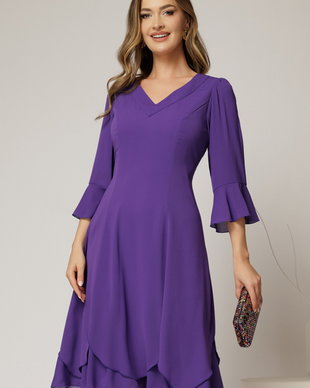 Rochie midi mov din voal cu croi lejer si decolteu in V