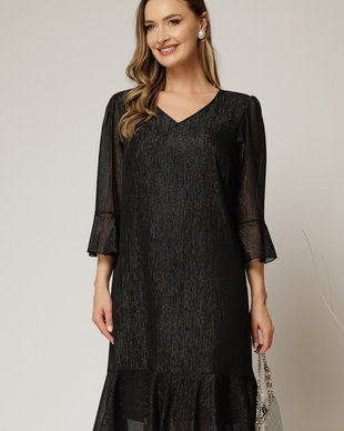 Rochie midi neagra cu fir lurex, croi lejer si volanase la fusta