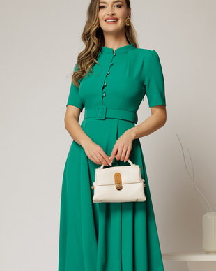 Rochie DY Fashion midi verde in clos din triplu voal cu nasturi la bust si curea in talie