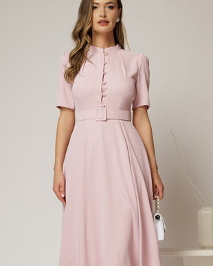 Rochie DY Fashion midi roz in clos din triplu voal cu nasturi la bust si curea in talie