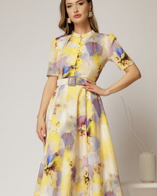 Rochie DY Fashion midi cu imprimeu galben in clos din triplu voal cu nasturi la bust si curea in talie