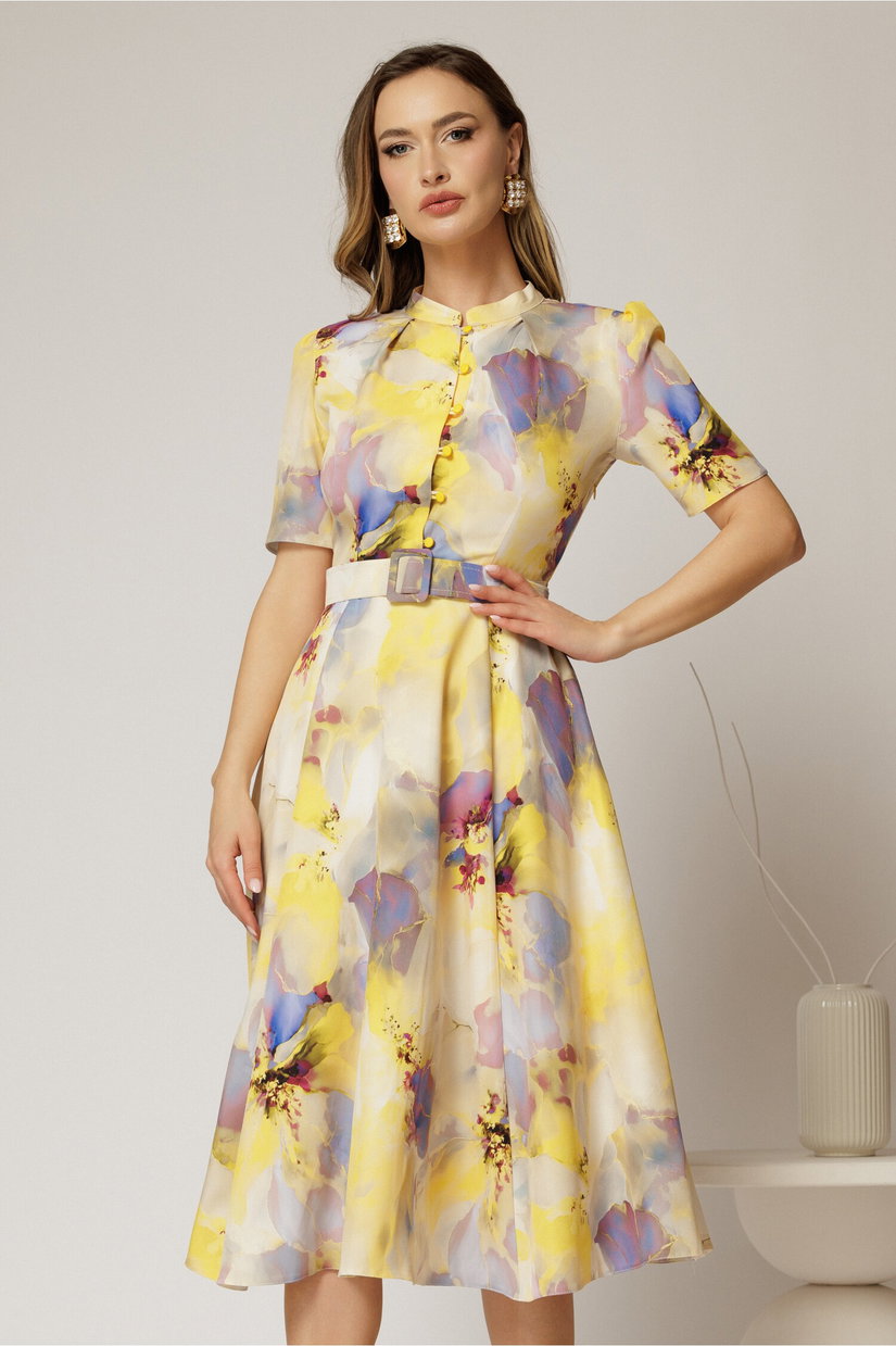 Rochie DY Fashion midi cu imprimeu galben in clos din triplu voal cu nasturi la bust si curea in talie