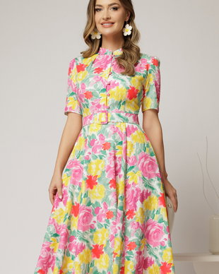 Rochie DY Fashion midi cu imprimeu roz si galben in clos din triplu voal cu nasturi la bust si curea in talie