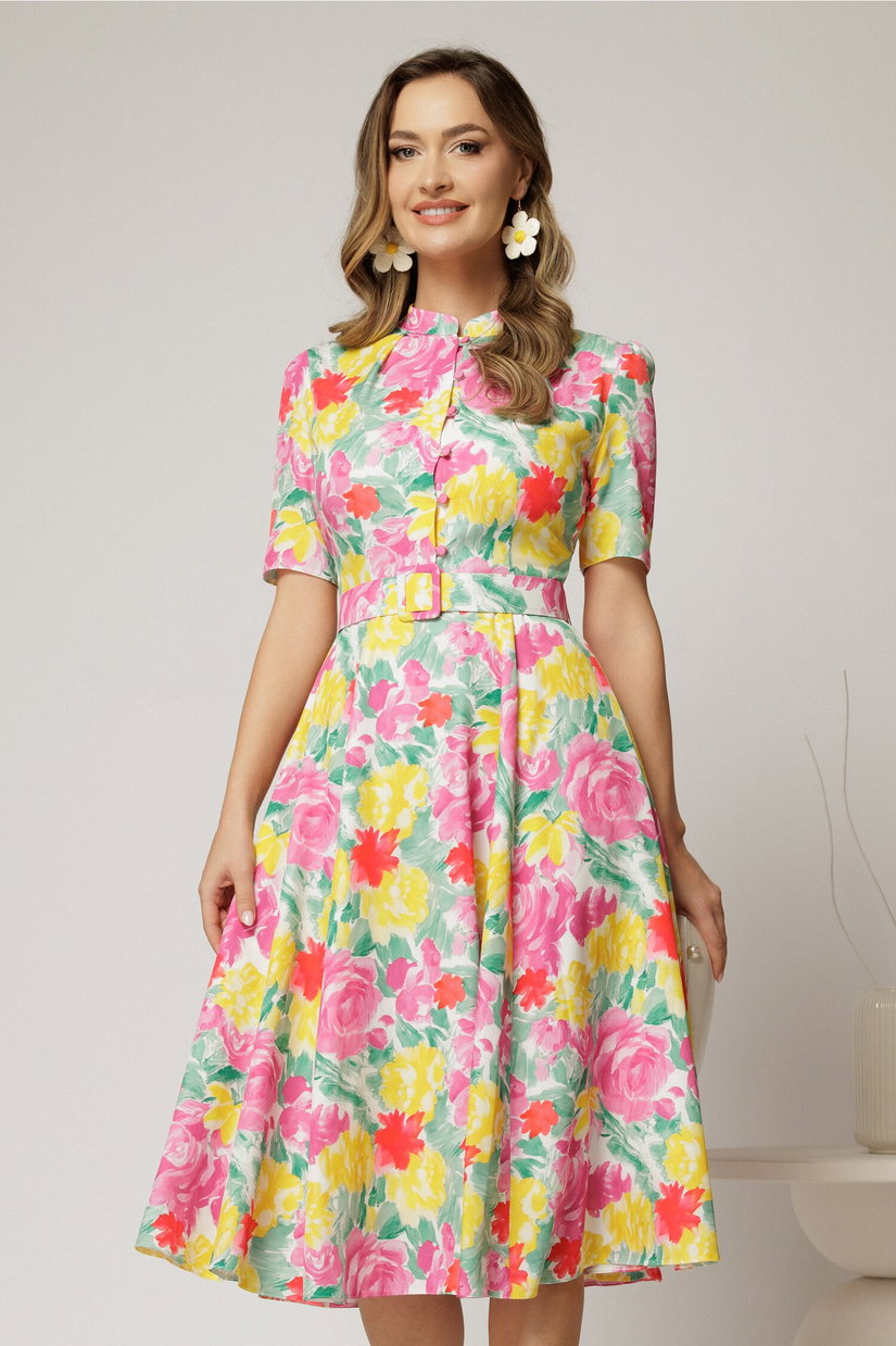 Rochie DY Fashion midi cu imprimeu roz si galben in clos din triplu voal cu nasturi la bust si curea in talie
