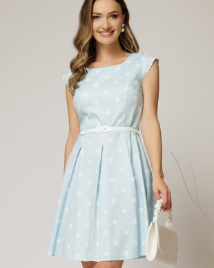 Rochie scurta bleu in clos cu buline si curtea in talie