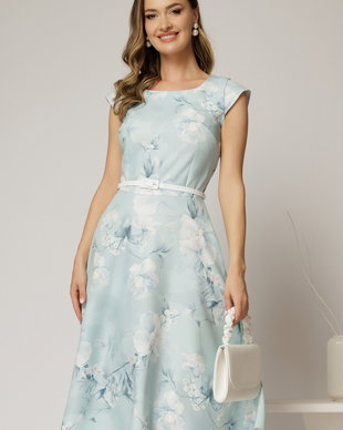 Rochie midi bleu cu flori in clos cu buzunare si curea in talie
