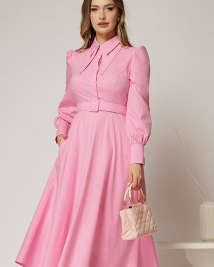 Rochie DY Fashion roz din poplin cu guler dublu si curea in talie