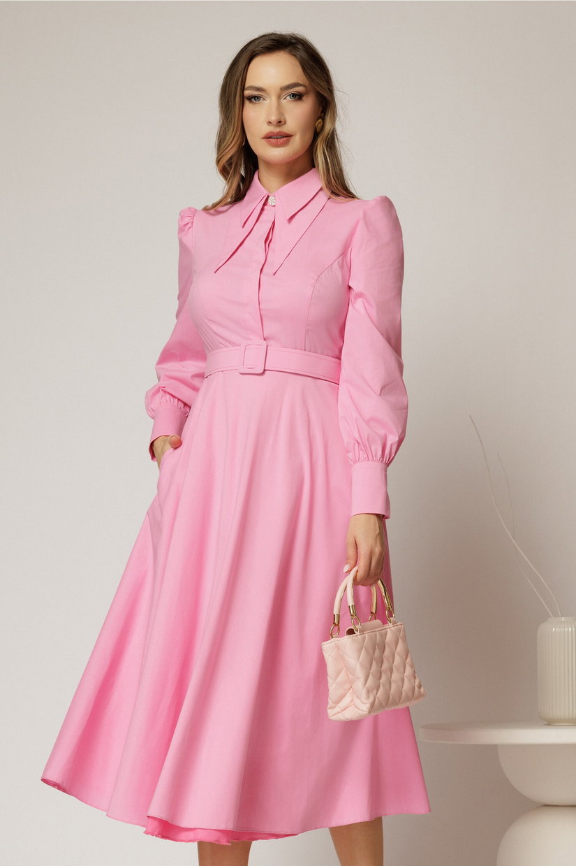Rochie DY Fashion roz din poplin cu guler dublu si curea in talie
