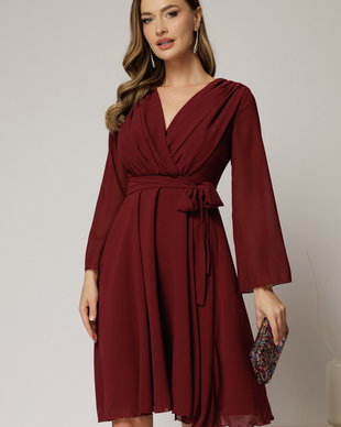 Rochie DY Fashion scurta din voal bordo cu decolteu petrecut si cordon in talie