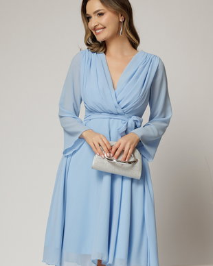 Rochie DY Fashion scurta din voal bleu cu decolteu petrecut si cordon in talie