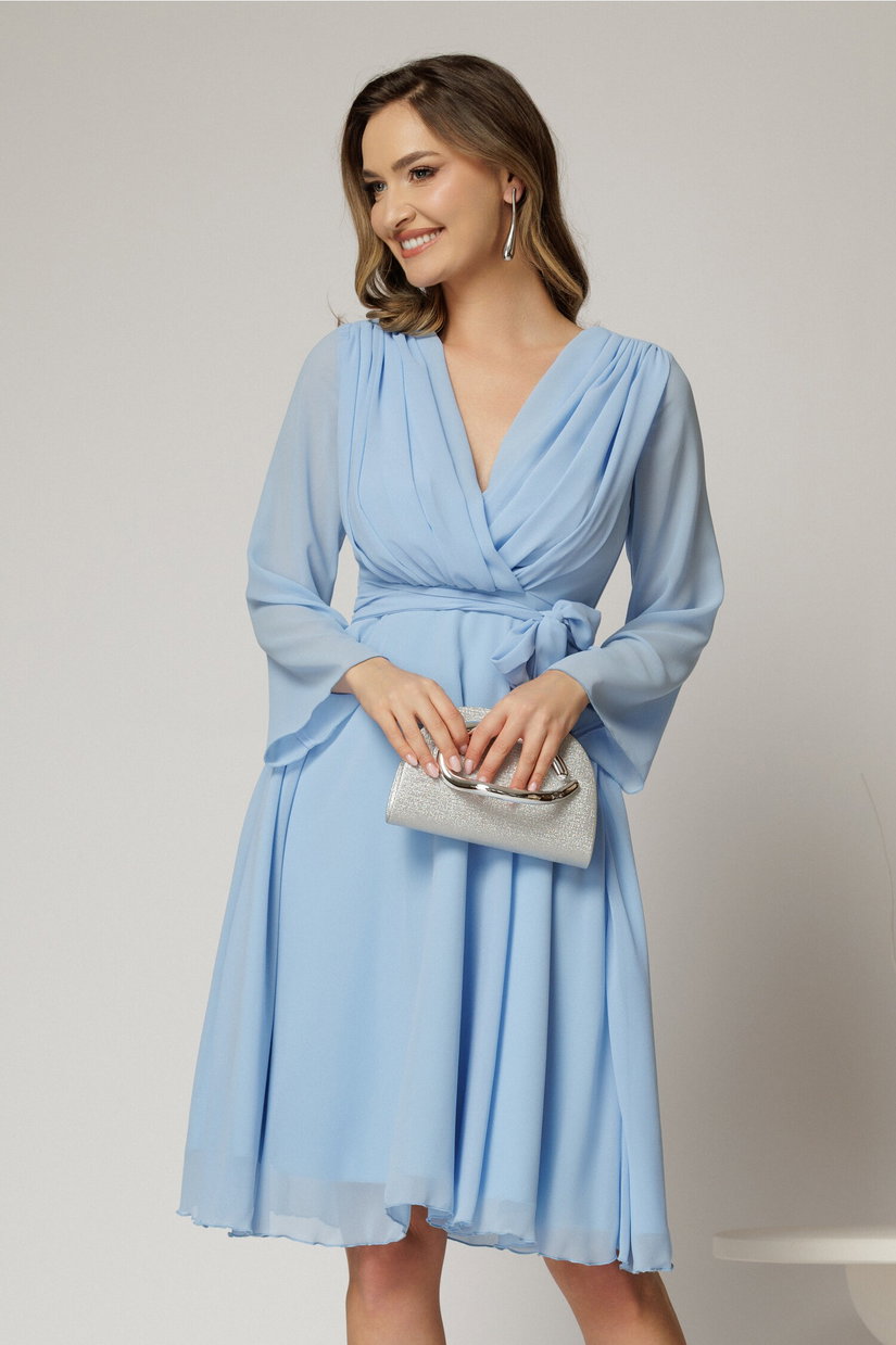 Rochie DY Fashion scurta din voal bleu cu decolteu petrecut si cordon in talie