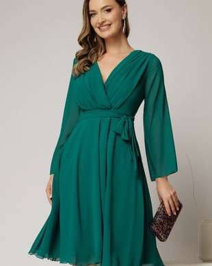 Rochie DY Fashion scurta din voal verde cu decolteu petrecut si cordon in talie