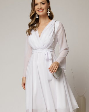 Rochie DY Fashion scurta din voal alb cu decolteu petrecut si cordon in talie