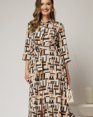 Rochie de zi midi bej cu imprimeuri caramizii tip camasa cu cordon in talie