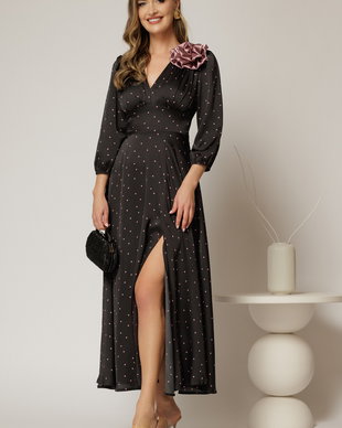 Rochie midi neagra din satin cu buline roz