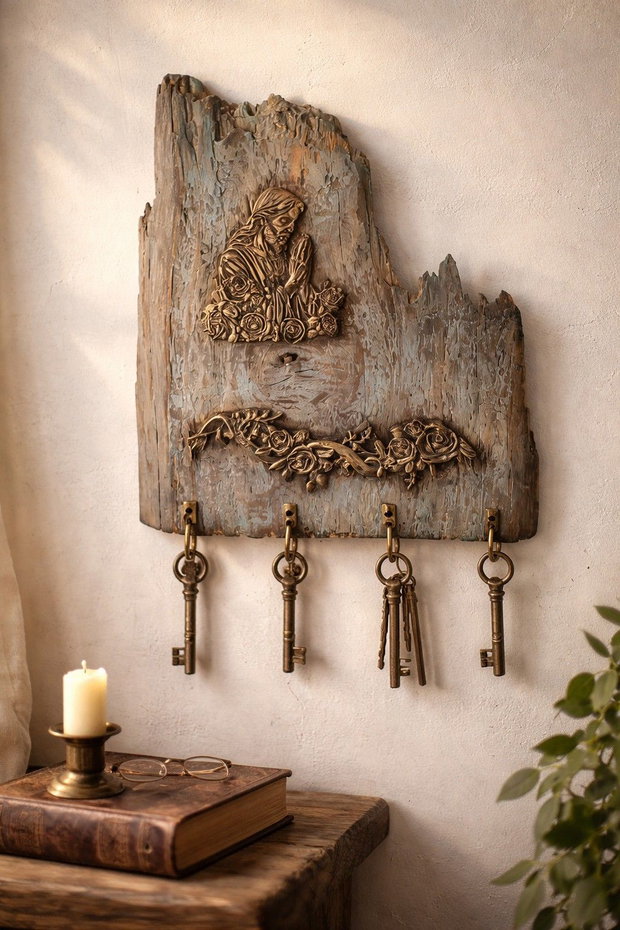 Cuier pentru Chei Handmade Lemn Vechi Recuperat cu Decorațiuni în Relief