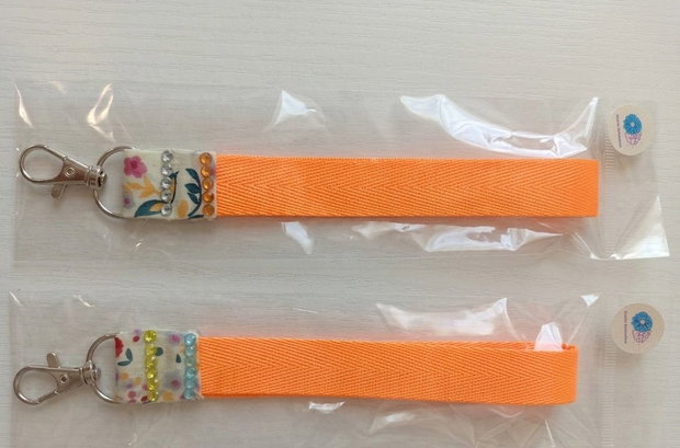 Handmade Orange Ribbon Wristlet Keychain with Floral Pattern & Crystals