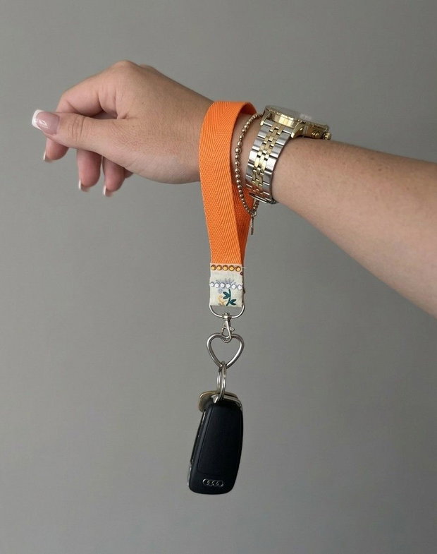 Handmade Orange Ribbon Wristlet Keychain with Floral Pattern & Crystals
