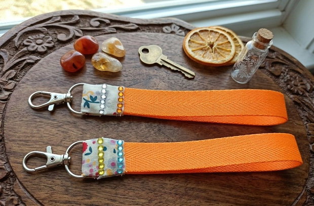Handmade Orange Ribbon Wristlet Keychain with Floral Pattern & Crystals