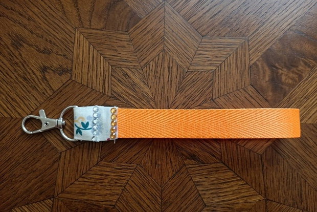 Handmade Orange Ribbon Wristlet Keychain with Floral Pattern & Crystals