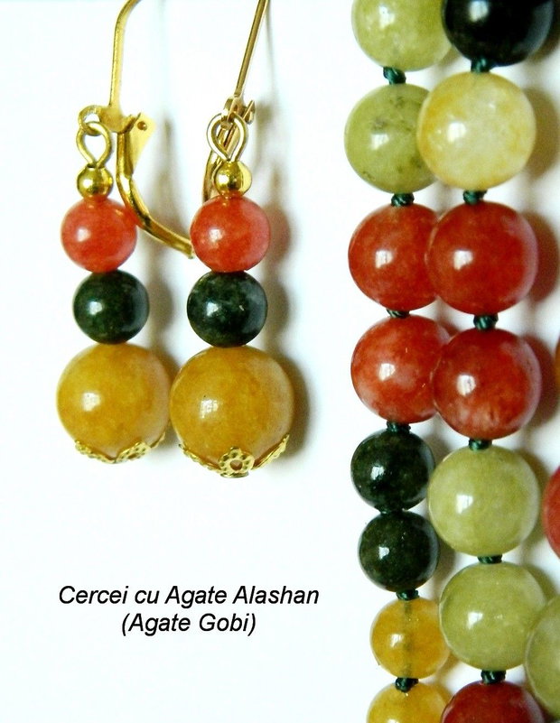 Set bijuterii cu colier si cercei clasici realizat cu Agate Alashan multicolore, bijuterii de primavara, superb cadou pentru ea (136)