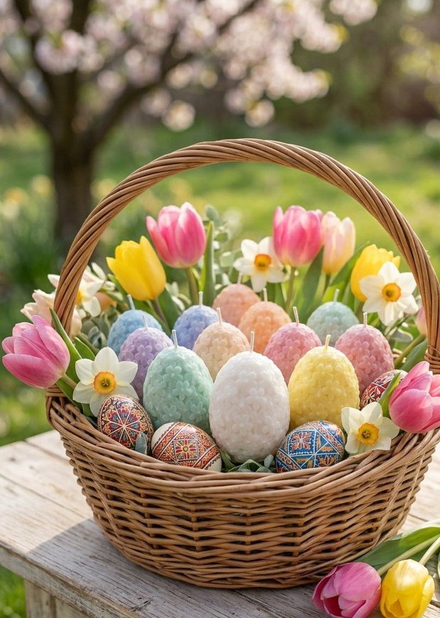 Lumânare Artizanală în Formă de Ou cu Model Floral Cadou de Paște
