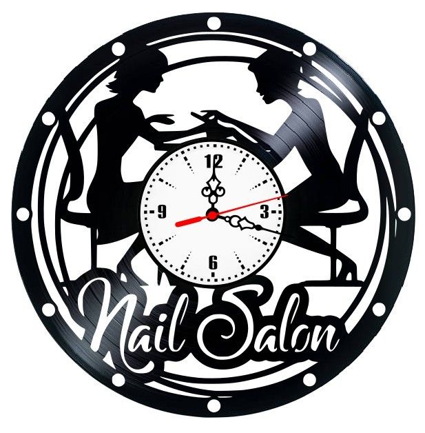 Ceas de perete "Nails Salon" Decorativ, Stil Vintage din Vinil (Disc Pick-up), Tematică Manichiură și Oja, Negru, 30 cm