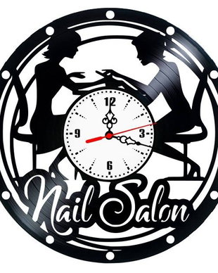 Ceas de perete "Nails Salon" Decorativ, Stil Vintage din Vinil (Disc Pick-up), Tematică Manichiură și Oja, Negru, 30 cm