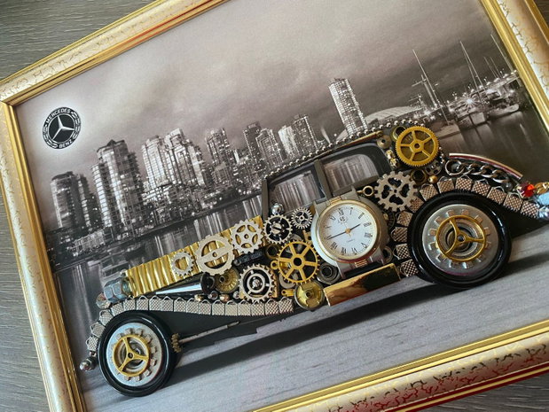 Mercedes Benz Super Sport 1928 Cod M 728・Tablou din piese si mecanisme vintage・Cadouri zi de nastere