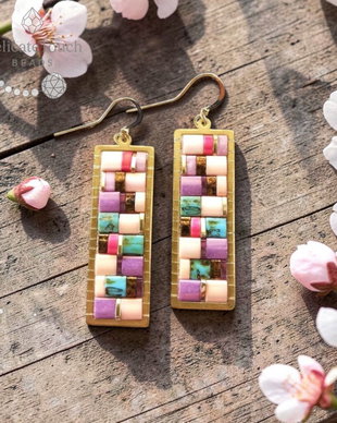 Cercei Mozaic Boho Dangle Turcoaz si Roz cu Tila, tortite placate cu aur 14k