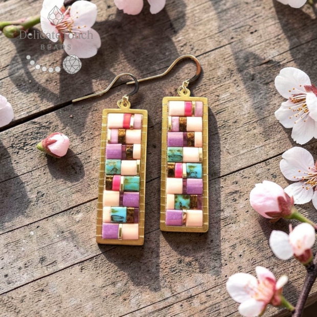 Cercei Mozaic Boho Dangle Turcoaz si Roz cu Tila, tortite placate cu aur 14k