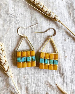 Cercei boho mustar si Turcoaz, cercei geometrici cu Tila si tortite placate cu aur 14k