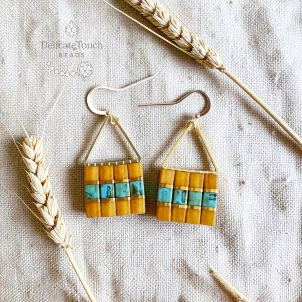 Cercei boho mustar si Turcoaz, cercei geometrici cu Tila si tortite placate cu aur 14k