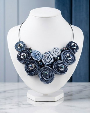 Colier Statement Handmade din Blugi Reciclați și Mărgele Irisate  Unicat, Stil Urban-Șic (cod1414)